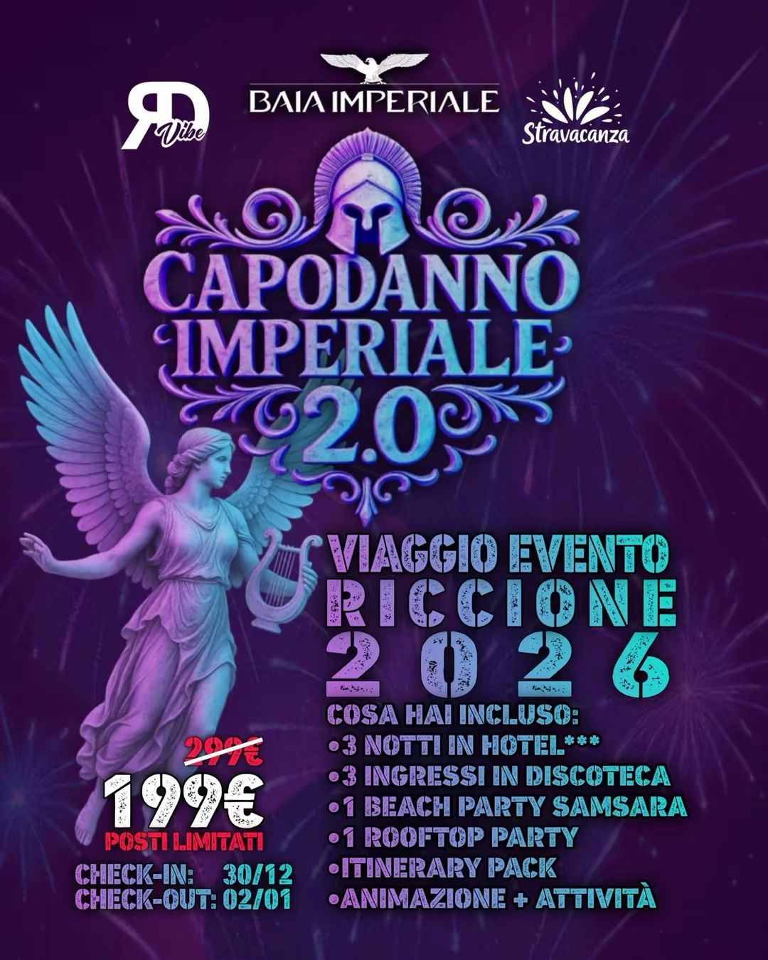 Capodanno a Riccione 2026: Pacchetto 3 Notti + 3 Discoteche (31 alla Baia Imperiale)